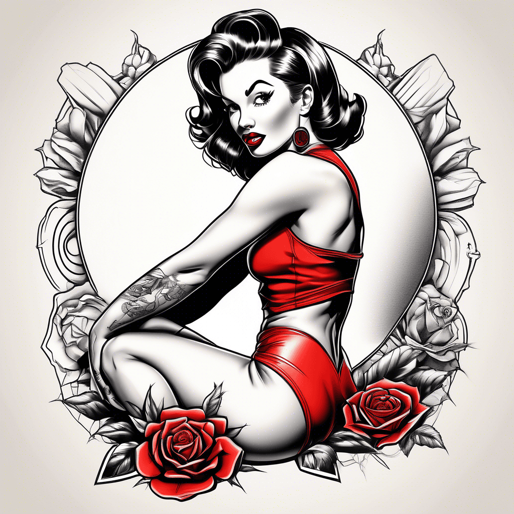 Pin up girl in red swimsuit marylin munro, Red rose in black hair sitting on bomb