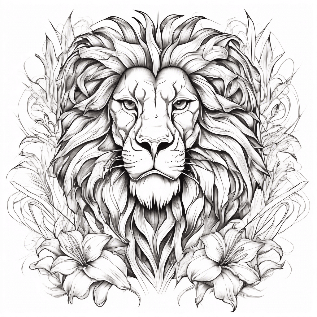 A lion with Lilly’s coming out the lions main