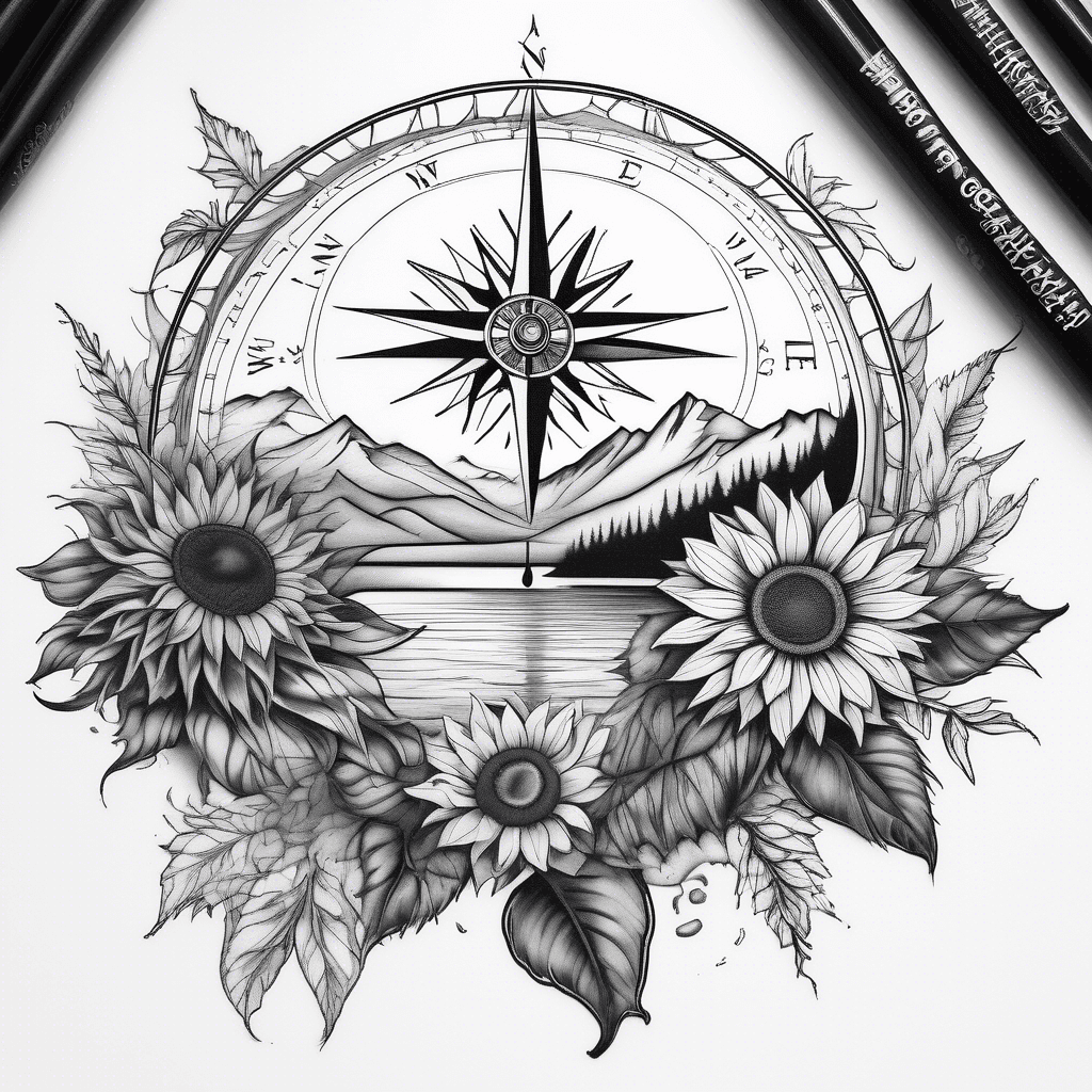 compass rose in front of lake, mountains, 2 sunflowers
