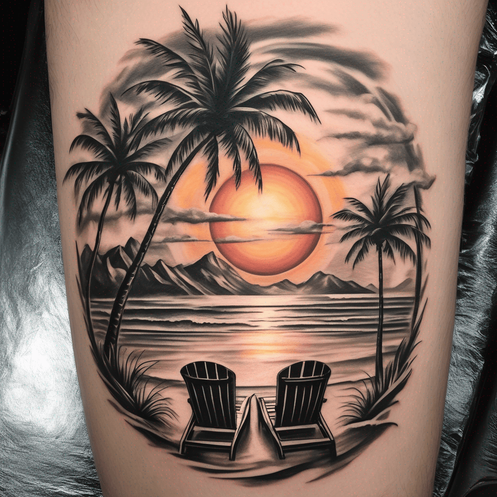 A vibrant sun rising over gentle waves, with two beach chairs and silhouette palm trees framing the scene, clear sky, symbolizing new beginnings and serenity.