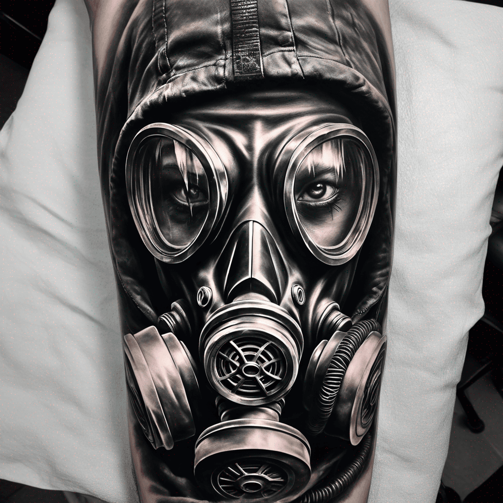 A gas mask with an explosion reflected in the glassess