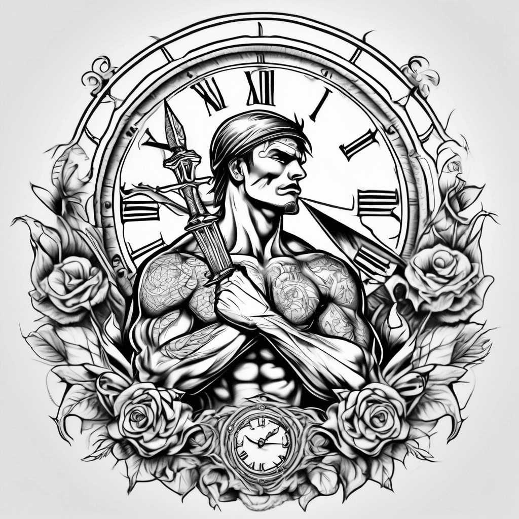 realistic tattoo with ow holding a sword on a clock