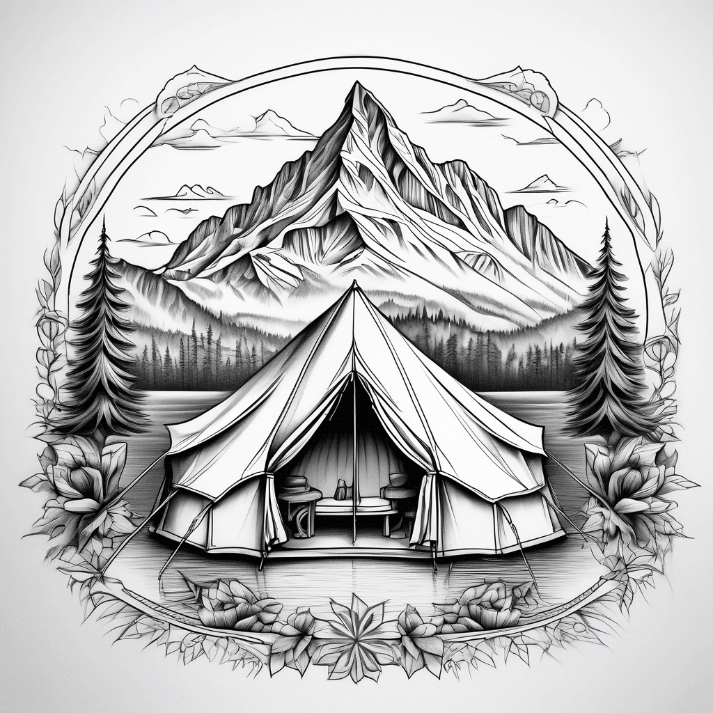 A small, intricate tent featuring the Switzerland banner, set by a serene alpine lake, surrounded by majestic mountains, symbolizing adventure and tranquility.