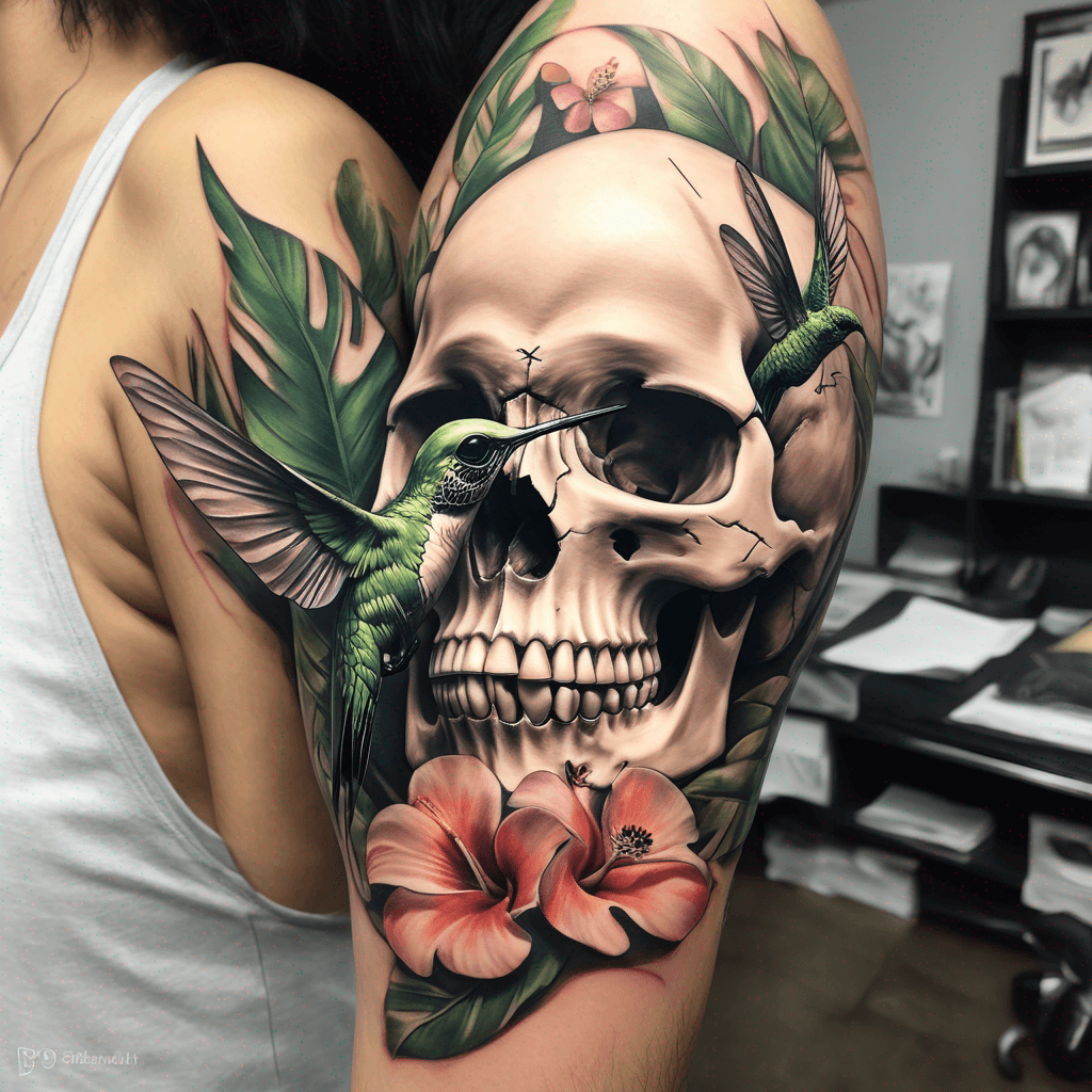 Human skull sideview with monstera leaves and a humming bird feeding on some flowers. The tattoo is located on the lower arm inside the hummingbird outside the skull. The skull is a little bit in the background