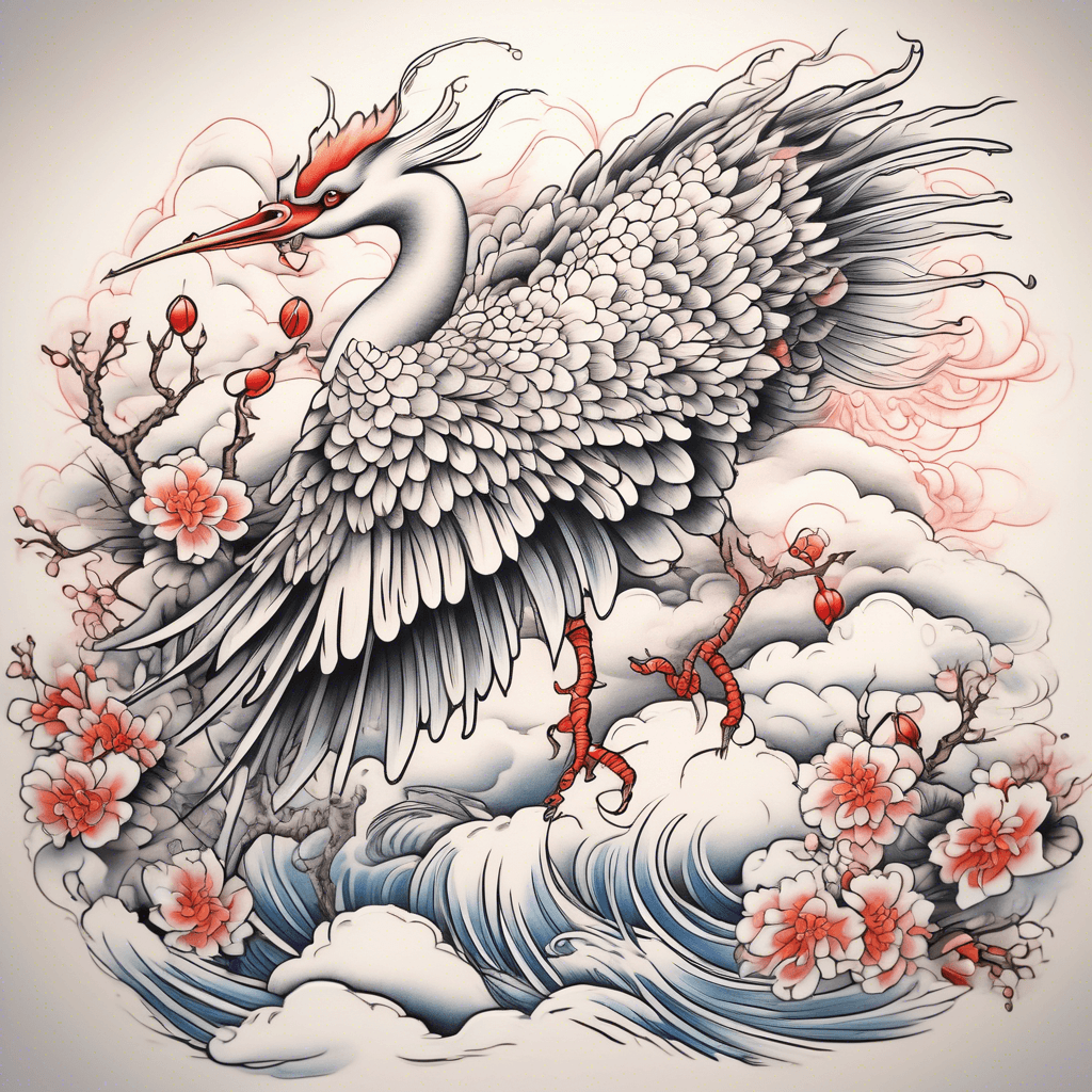 Soft whimsical soft pretty crane in the clouds in fine line