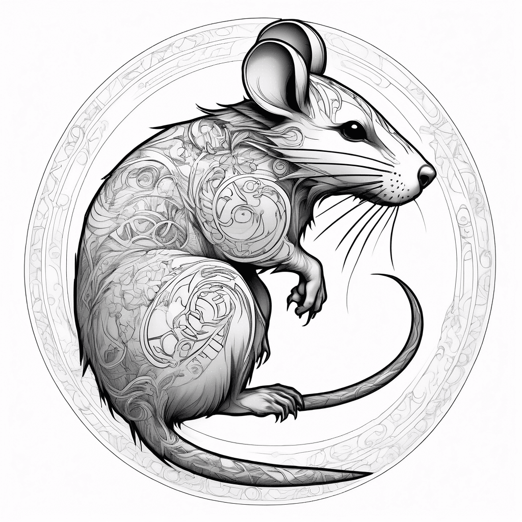 Full body side shot of a ethereal rat, mythical and mononoke-inspired, with a long tail curving into a circular frame, intricate details, tribal style.