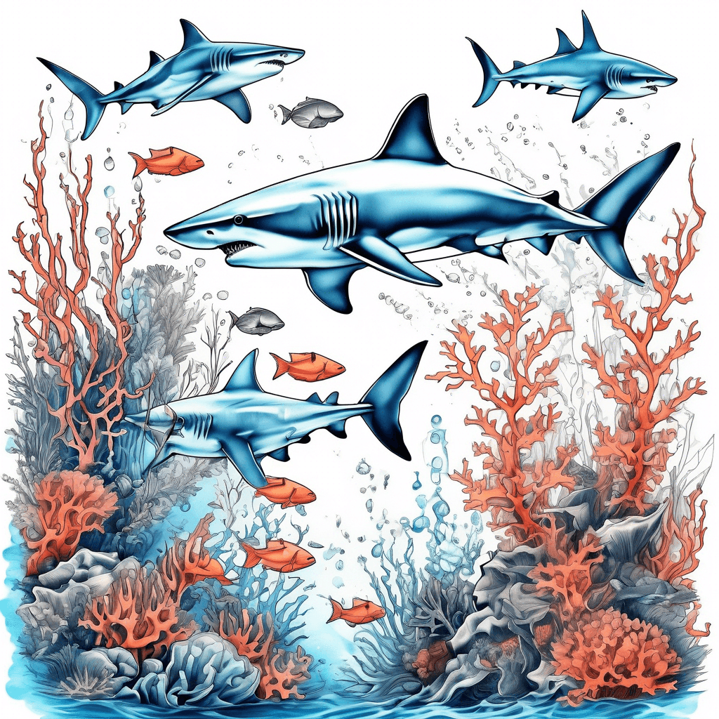 An immersive underwater scene with sharks, fish, and coral.