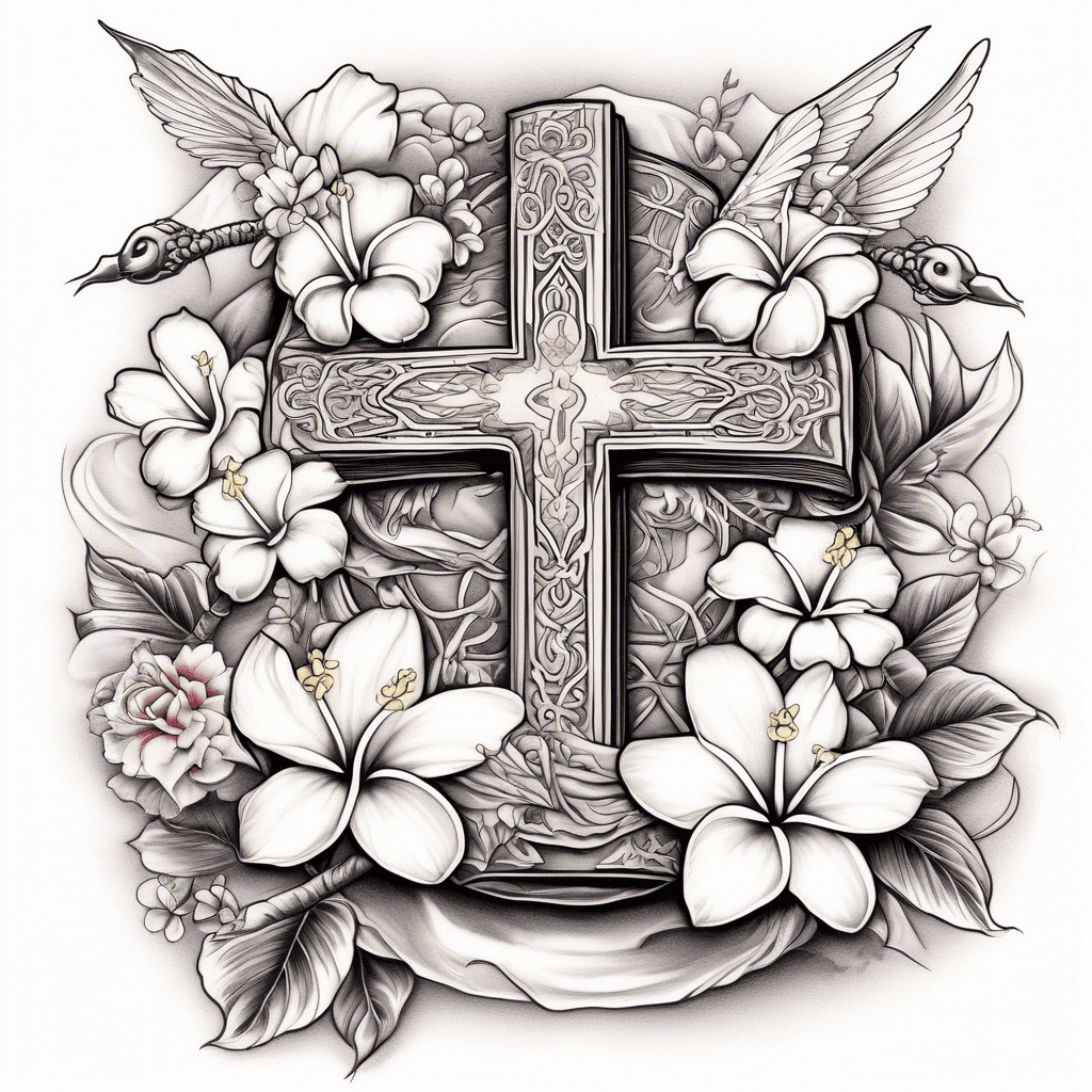 simple frangipani surrounding a cross underneath an open bible and roses