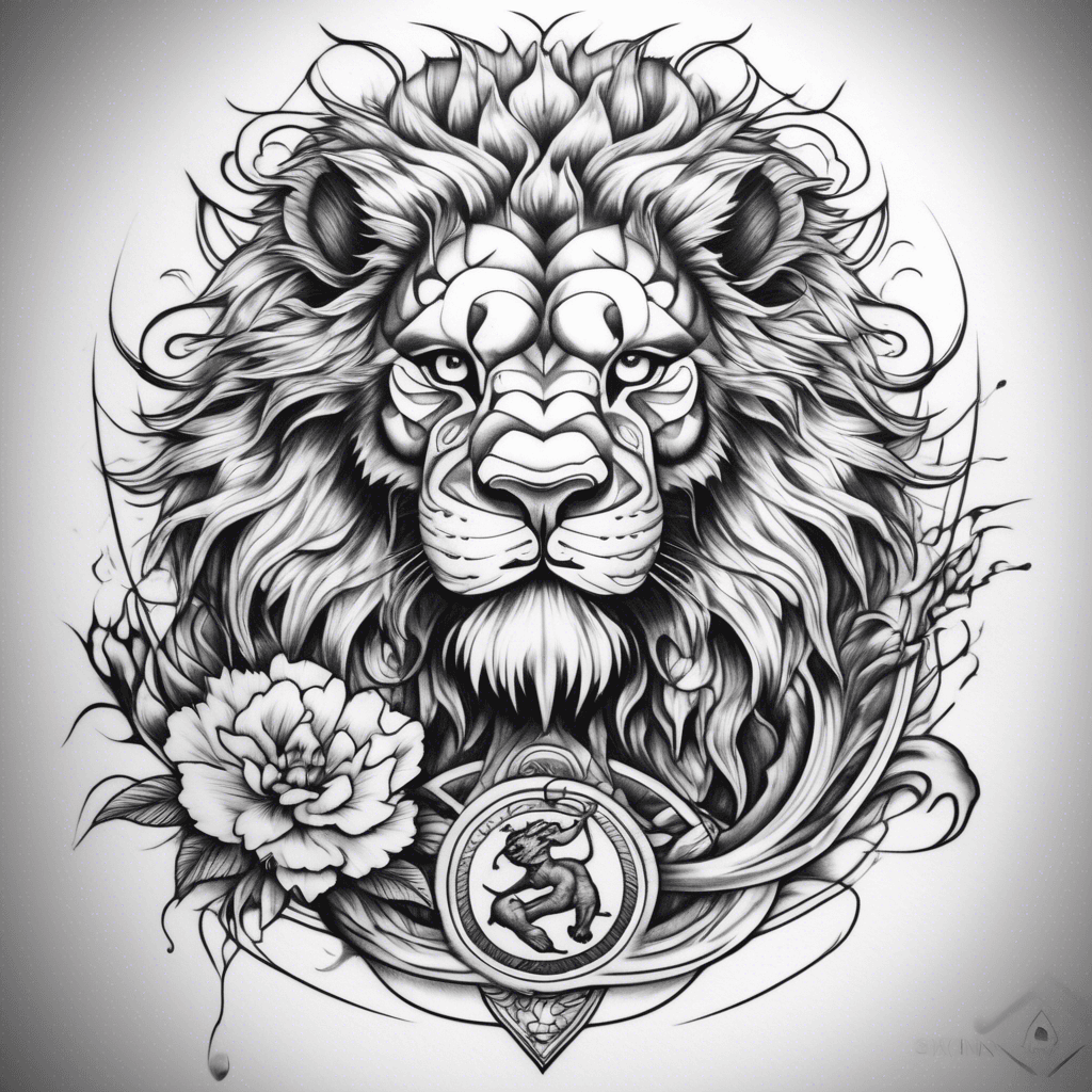 Fierce Lion with Water Symbol – Shows balance between strength + emotion for men Tattoo Style Suggestions: black and white and something asthetic