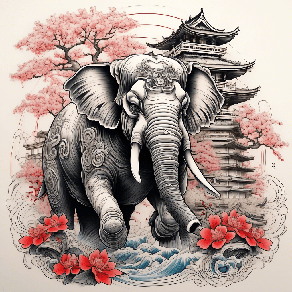 japanese temple and elephant
