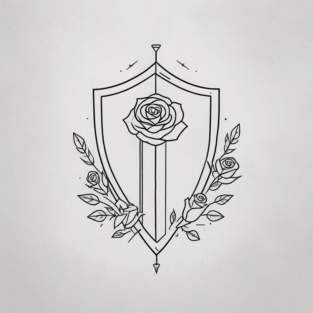Roman gladiator shield, sword and rose