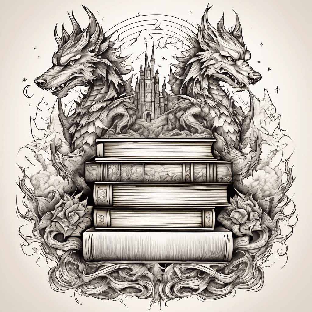 books, 2 dragons and 2 wolves, stars, castle