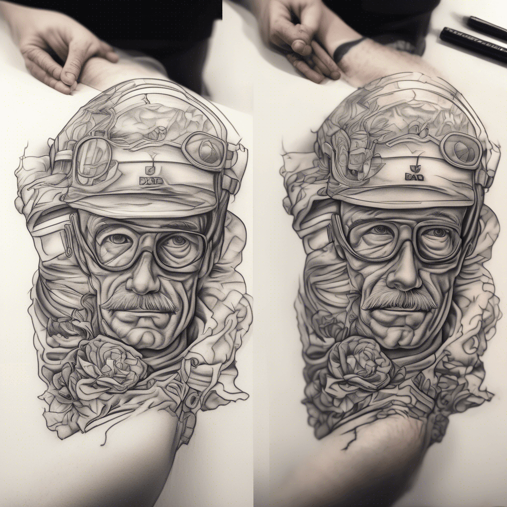 A memorial tattoo for my dad who was on the USS Kitty hawk in the Navy and has recently passed away. He was a wonderful mechanic and a great father