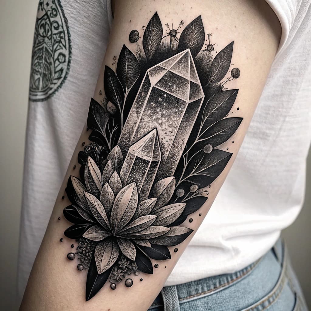 A crystal cluster design with intricate detail and shading.