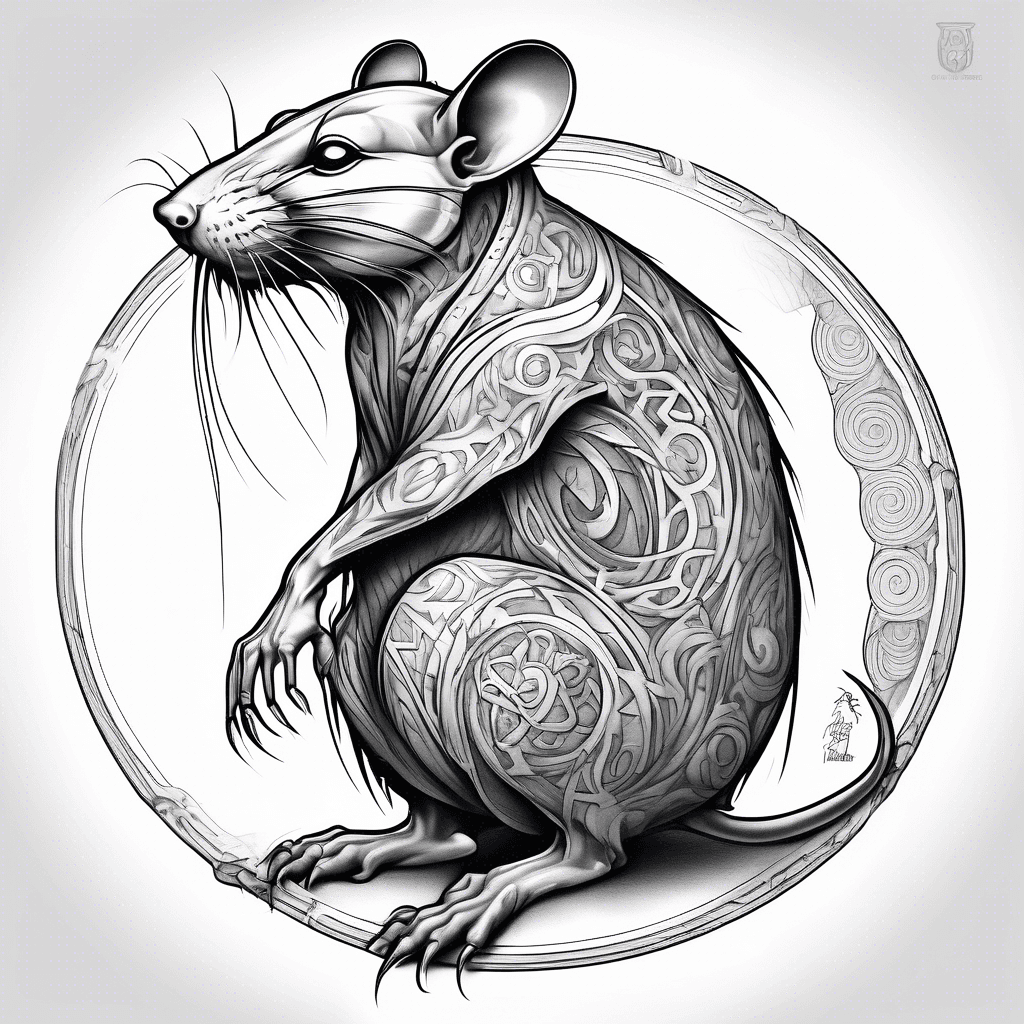 side full body shot of a wise rat spirit, mythical, zodiac, ready for battle, tail forming circular frame