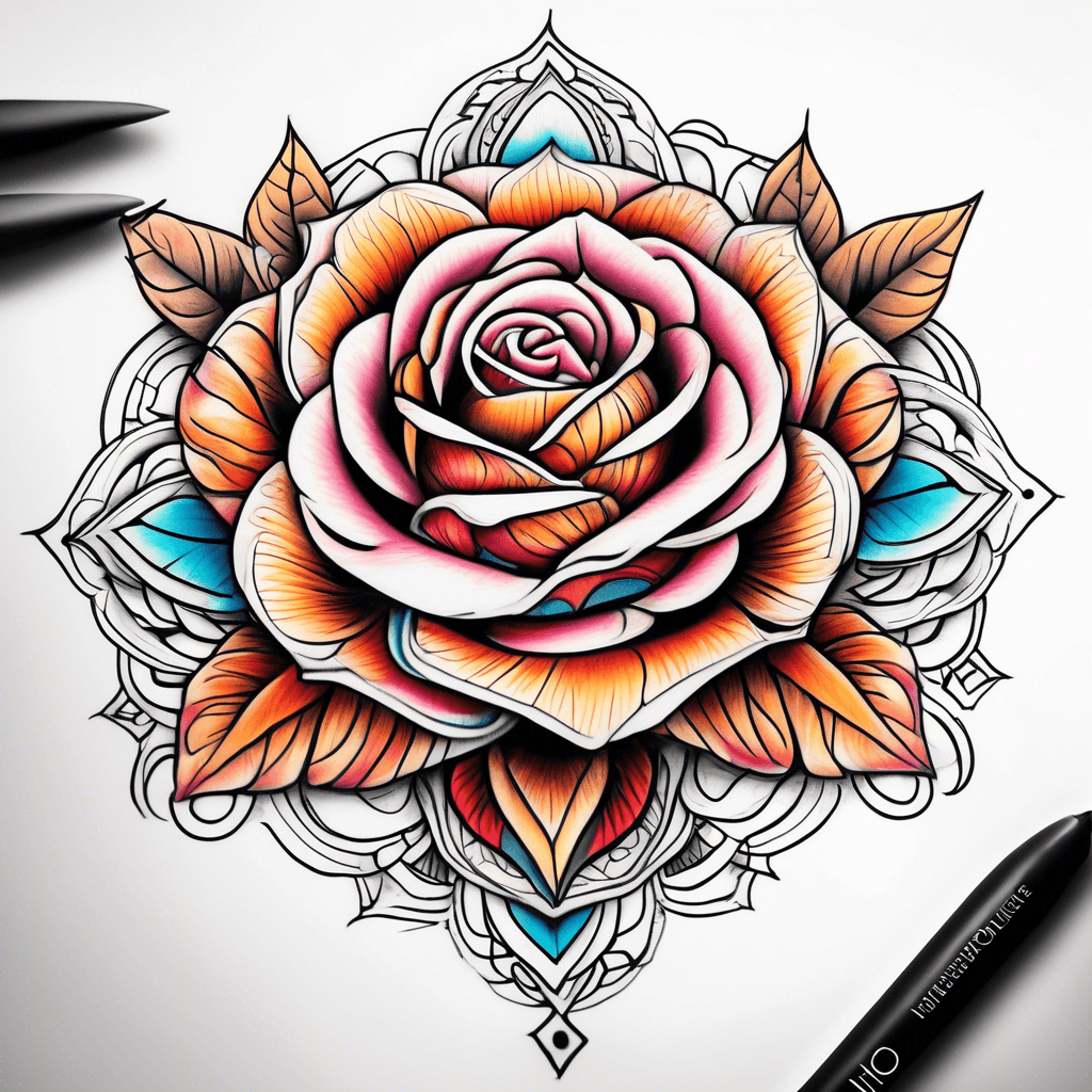 Colorful top of foot tattoo of a rose and a mandala