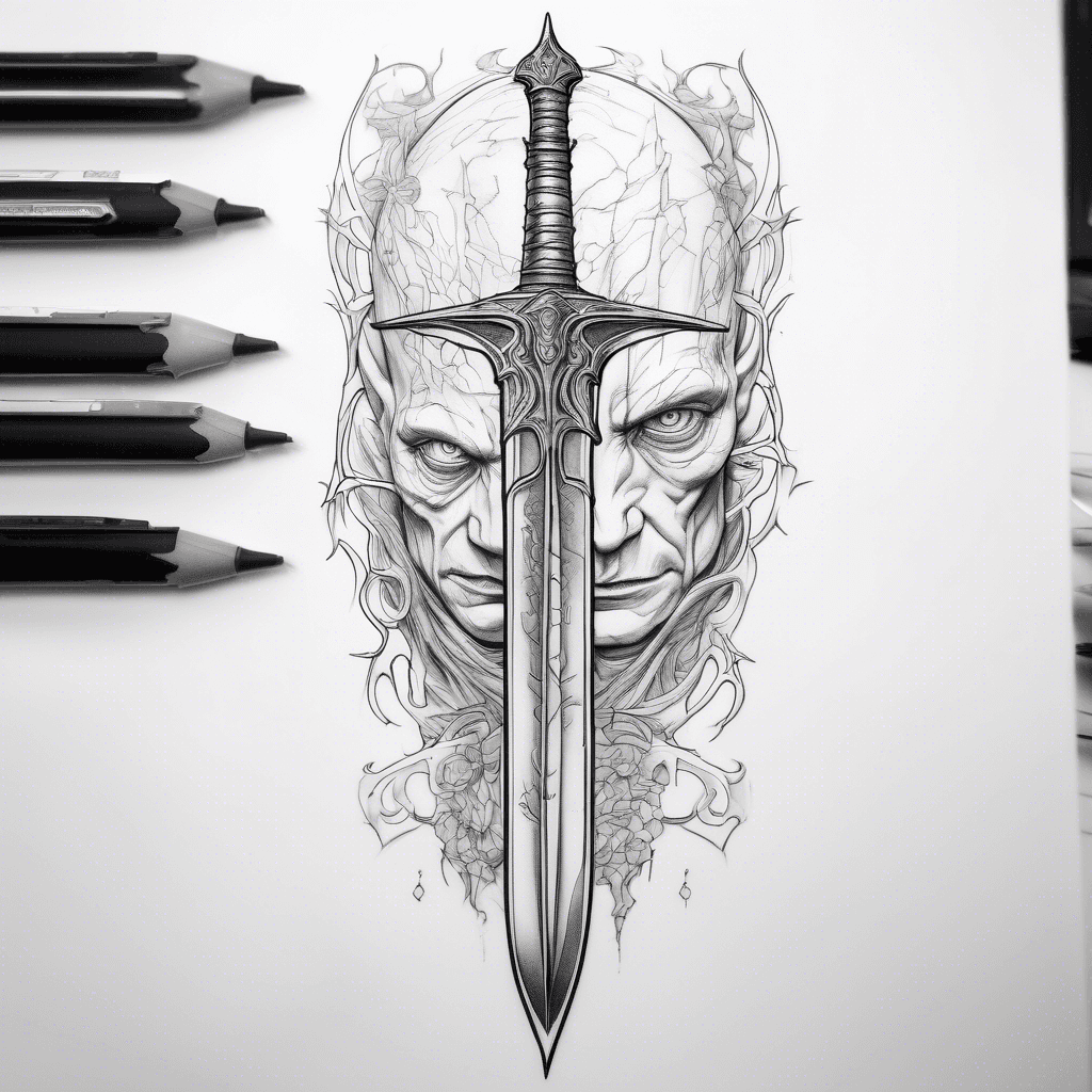 I need a design for a forearm tattoo. In the middle of the forearm there should be the sword Narsil. Next to it on the left side is Sauron's tower, and on the right side of the sword an inscription in elvish. On the top of the sword on the left side is Gollum or his head and on the right side is Gandalf's face. I would like this tattoo to be in the style of fine line.