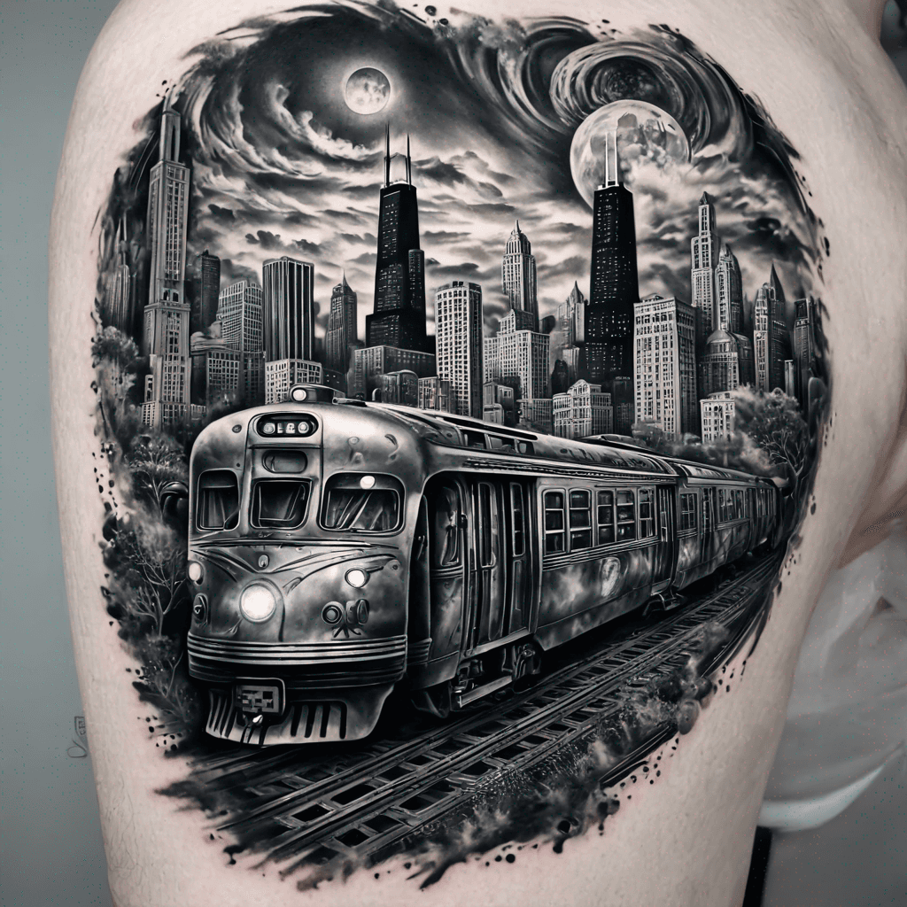 Chicago tattoo with the El train and several of the Chicago… tattoo design generated with AI