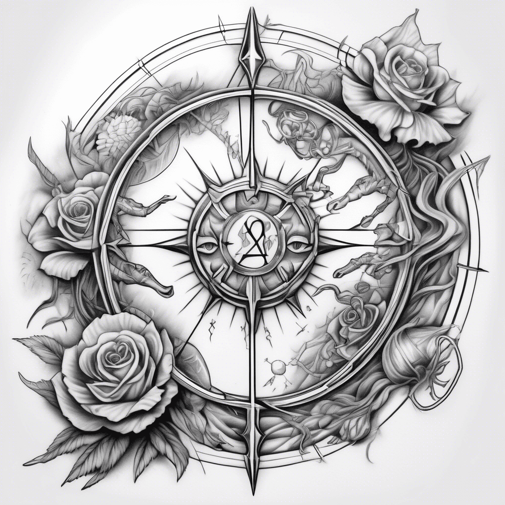 Integrate the Cancer, Sagittarius, and Capricorn zodiac signs into a harmonious tattoo design, showcasing their symbols and unique traits.