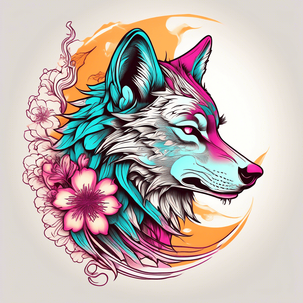 side view of wolf with mouth closed with white outlines on amber fiery, turquoise and magenta color fading background