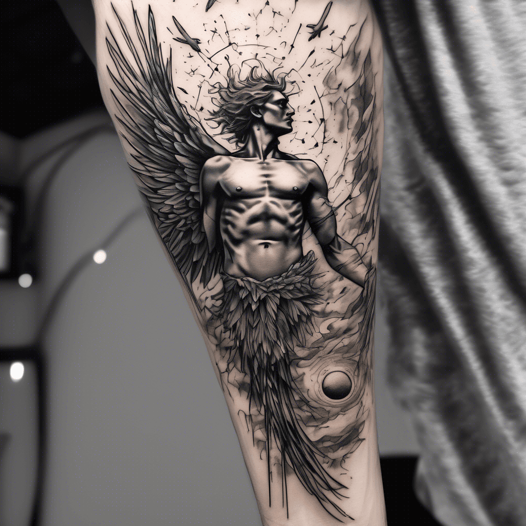 Black and gray tattoo of the fall of Icarus on a male forearm, surreal style, Icarus melting into feathers mid-fall, fragmented body turning into birds, abstract sun with an eye, ocean morphing into human hands, dreamlike constellations in the sky, realistic fresh tattoo on male forearm skin, visible ink shine and slight redness, anatomical flow, detailed line shading, bold contrast, dynamic lighting --ar 2:3 --s 50 --v 6.0 --style raw