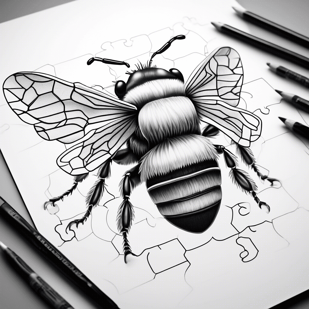 A bumblebee in a flying position and carrying a puzzle piece in its front arms