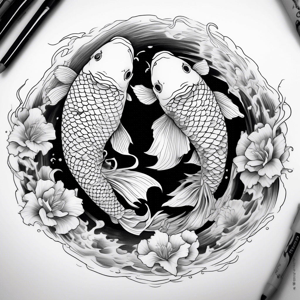 Two koi fish circling each other, almost ovally instead of a full circle, where one koi is black and the other one is white, each with a spot on their head.