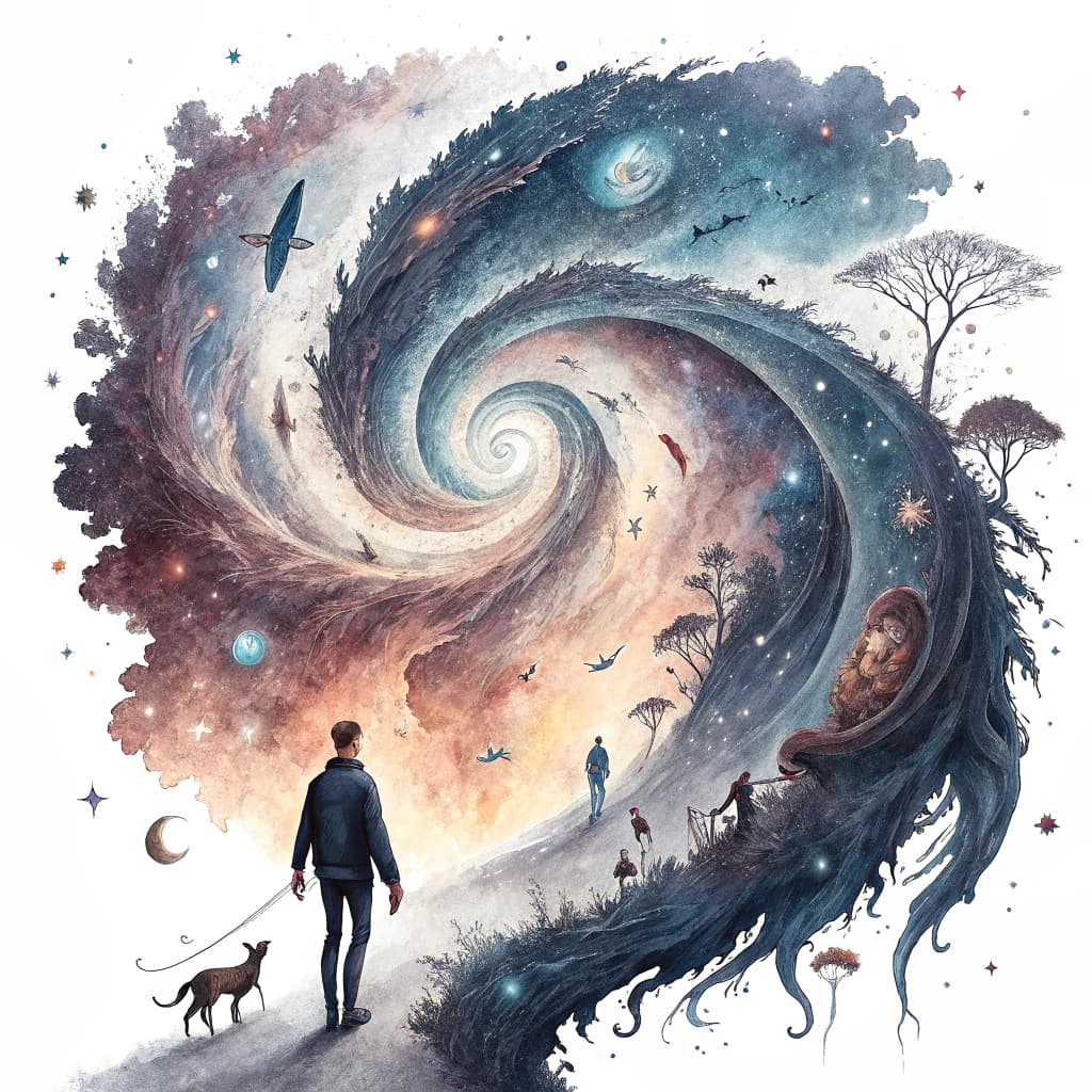 A swirling galaxy with dreamlike shapes emerging, blending human silhouettes and abstract creatures that flow into each other.