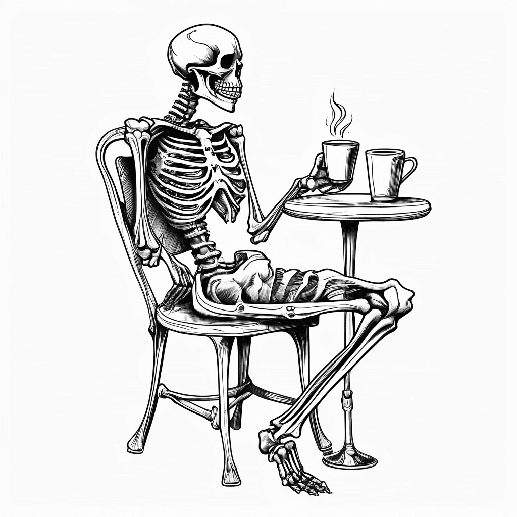 a 2d skeleton drinking coffee sitting at a chair, minimalistic