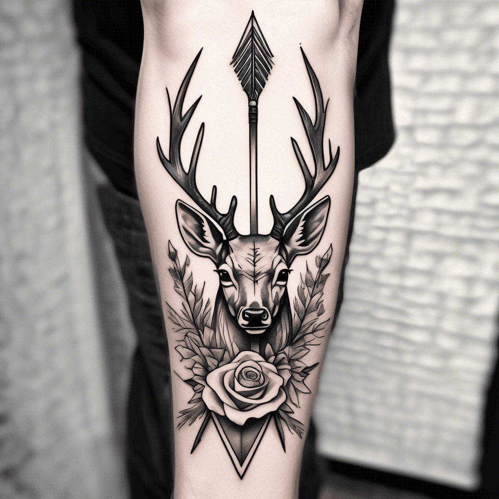 A long arrow on a man's forearm in the form of an Illuminati arrow that has two delicate deer antlers at the end instead of feathers and a spades symbol at the head instead of an arrow. Along the end of the arrow is a small, separate circle with a small rose in the center. Along the beginning of the arrow are two medium and large concentric circles with two small intertwined roses in the center. A small bird is singing on two roses.