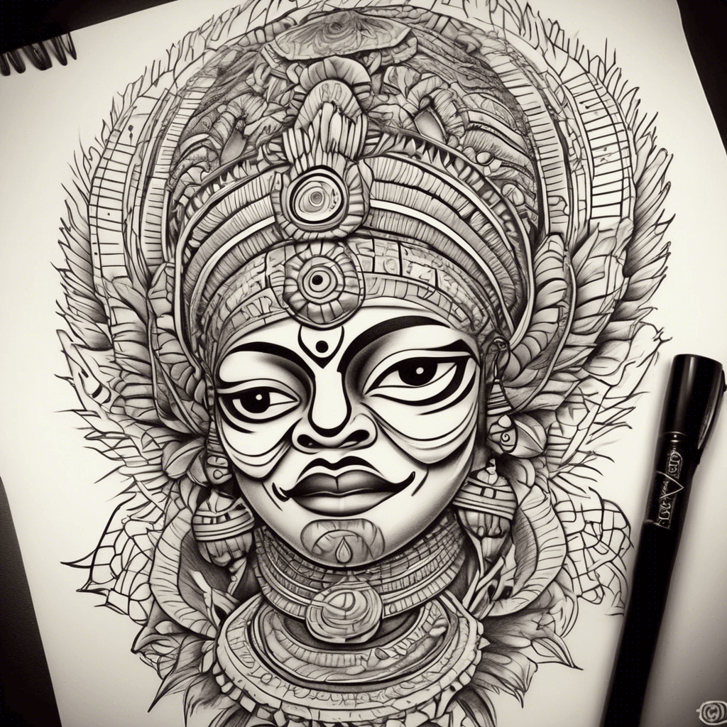 I want to tattoo from shoulder to biceps and my ideas are to combine illuminati, theyyam, kathakali and a traveller concept because I'm a person who loves to travel a lot like new places new tribe mountains beaches. So please combine it with illuminati and share me the details as image. I prefer color elements and a symmetrical type like tribal masks or mountains or backpack share me 5 different types