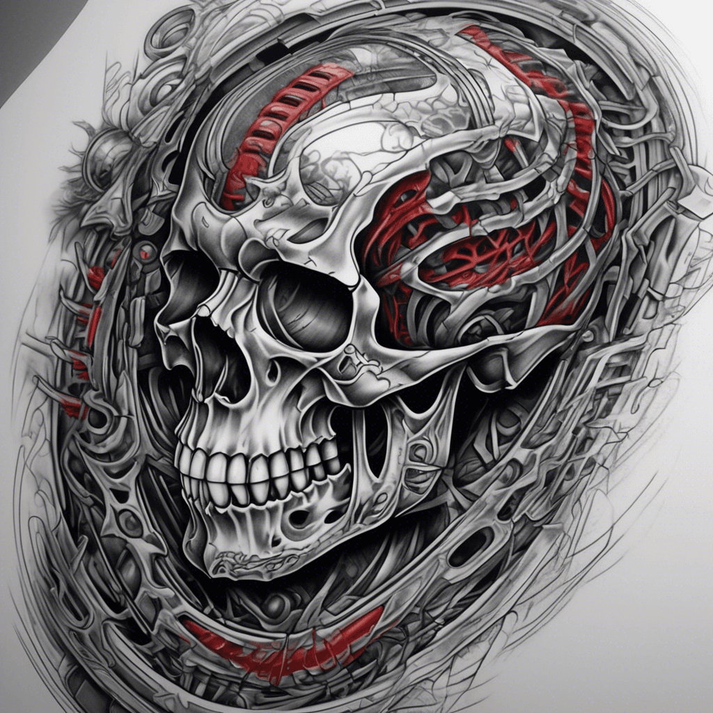 Tattoo Design Brief Striking and detailed gray scale with color highlights 3/4 length right arm sleeve rolling over on to chest and clavicle. Avoid top of shoulder. Mostly greys and black with some red/blue highlights. BioMechanical theme along the lines of uploaded images. Skull would be cool but not necessarily required. Only if it works with the entire flow. Colors Designer to choose only greyscale colors for use in the design.