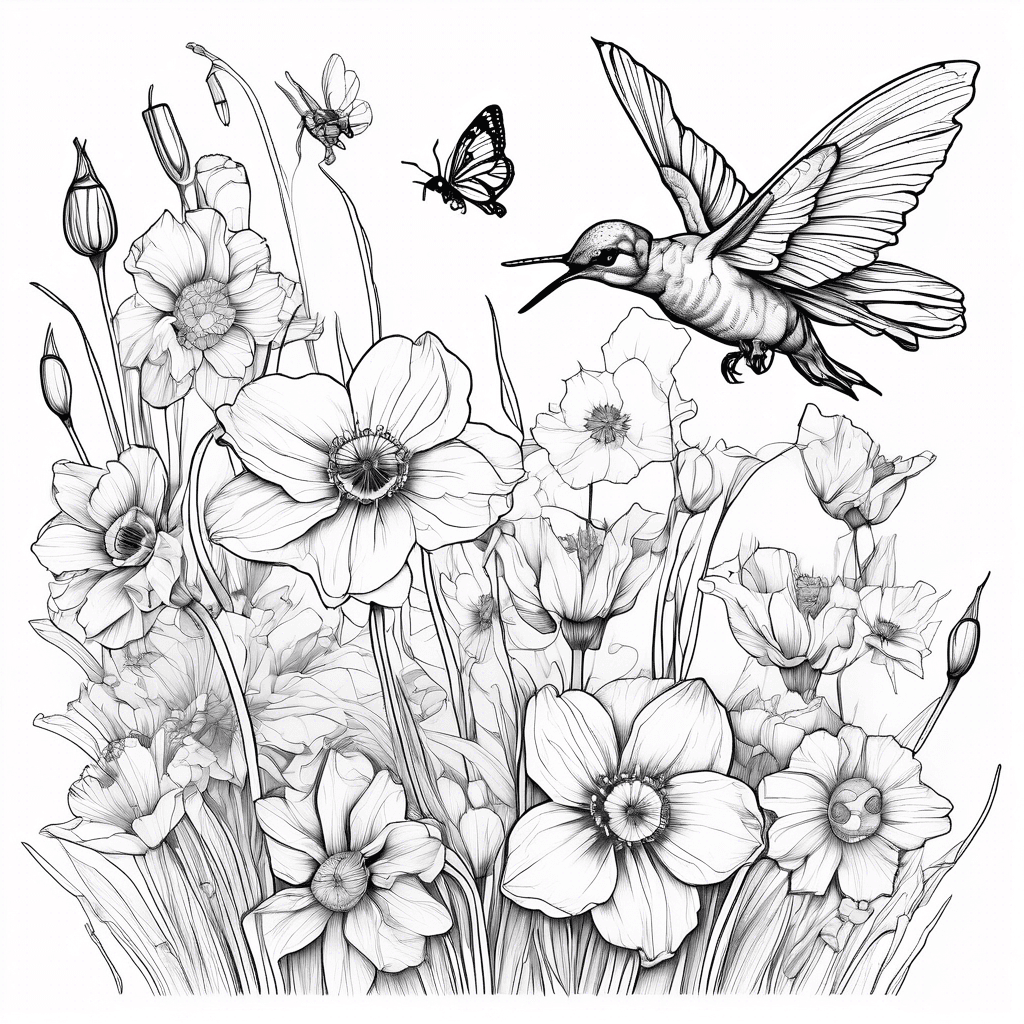 a field of daffodils, poppies, and cosmos with a butterfly, a hummingbird, and a honey bee