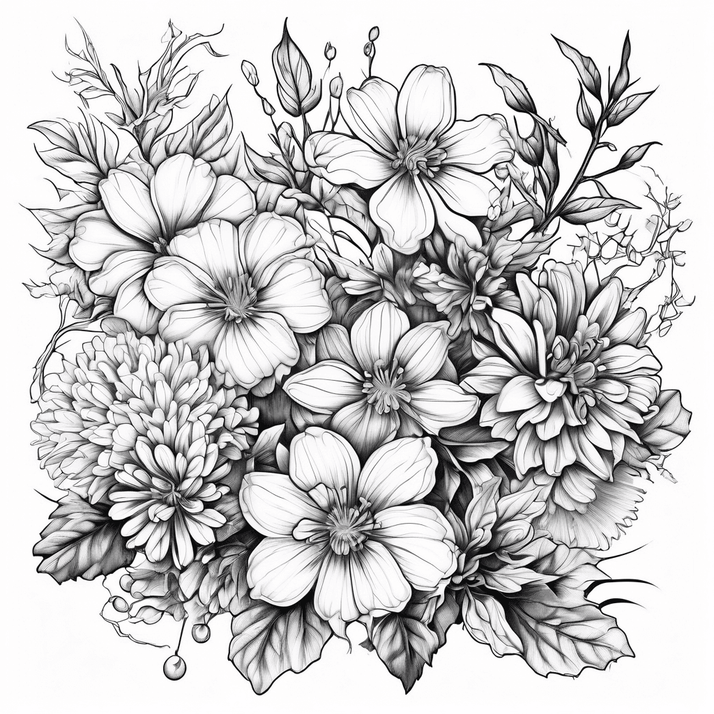 Violets, chrysanthemums, holly branch, and daffodils Bouquet without leaves simplistic