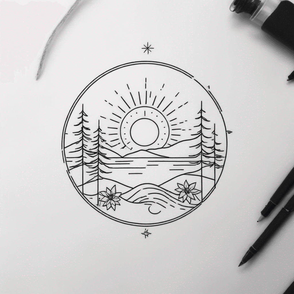 circular encompassing trees, ocean, sun, mountains, ocean and edelweiss flowers