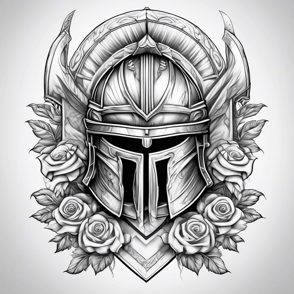 Roman gladiator helmet with shield, sword and rose