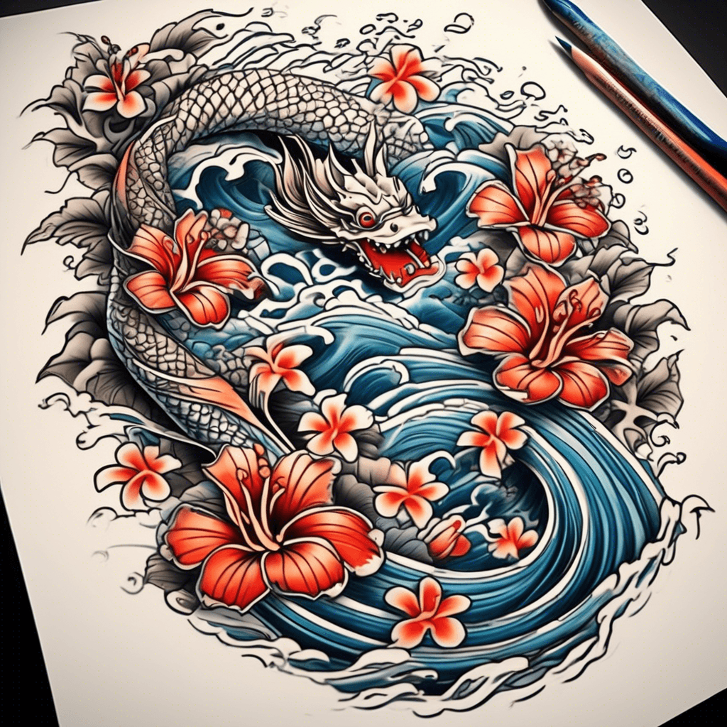 Hawaiian tribal, waves, tree with 6 flowers and 2 hearts
