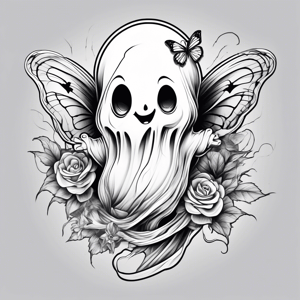 Create a tattoo of a happy ghost holding a butterfly