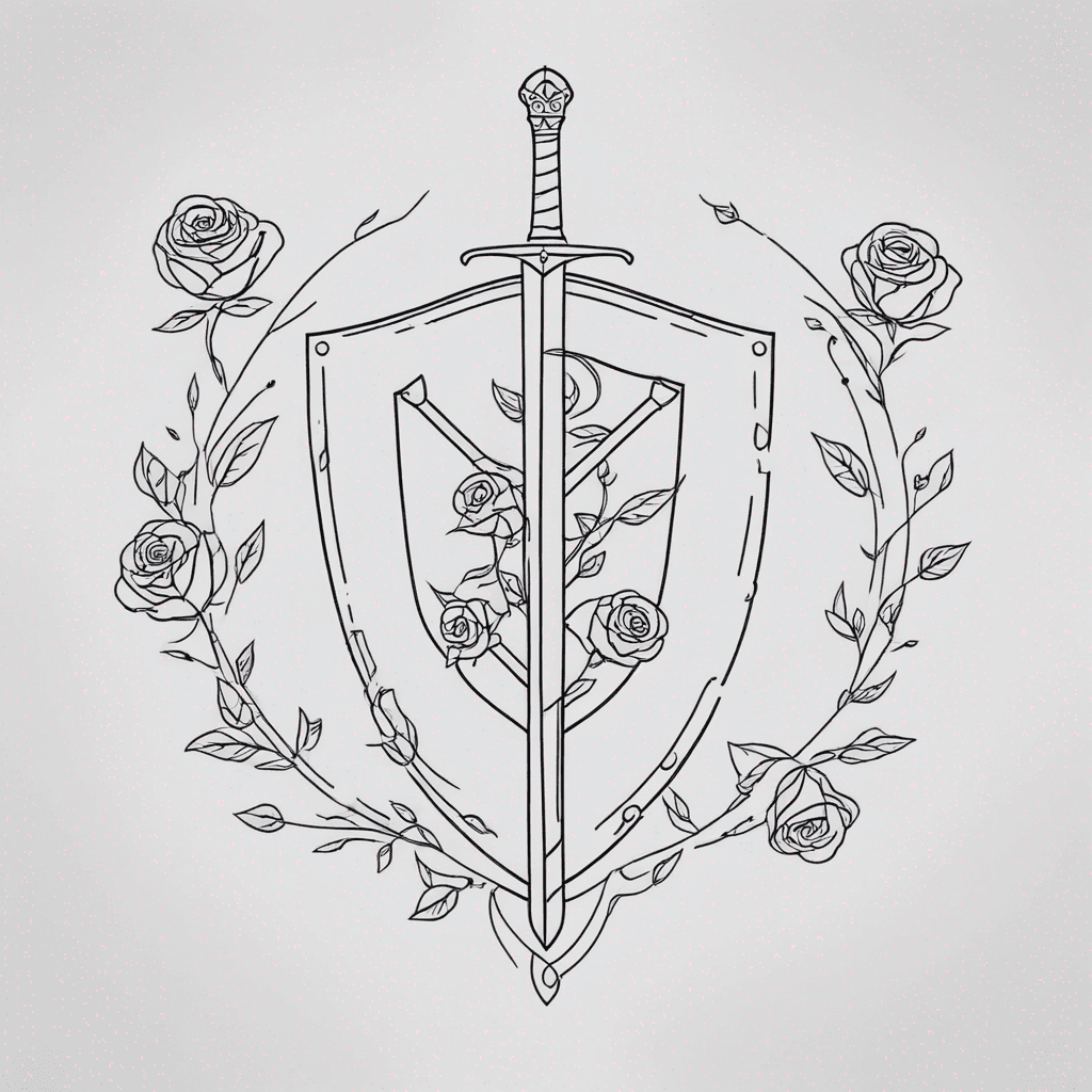 Roman gladiator shield and battle sword and roses and vines