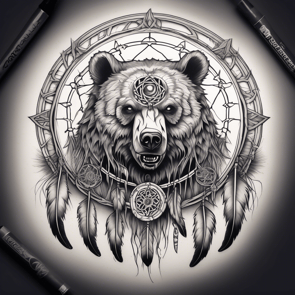 Undead bear with souls coming from its body with a moon behind that has a dreamcatcher inside and a spirit guide of the souls that is ghostly and has feathers and a headress using native american and celtic heritage
