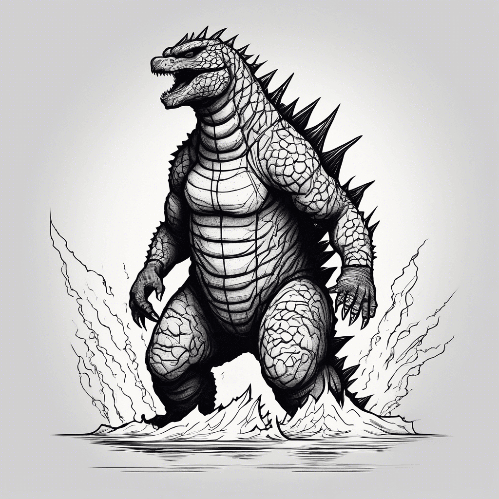 a simple image of godzilla but a stick figure. I would like it to be cute, with a non-stick figure head but a stick figure body with the little spikes he has