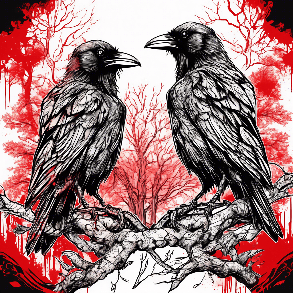 trash polka, 2 ravens , black and red, intricate tree background
