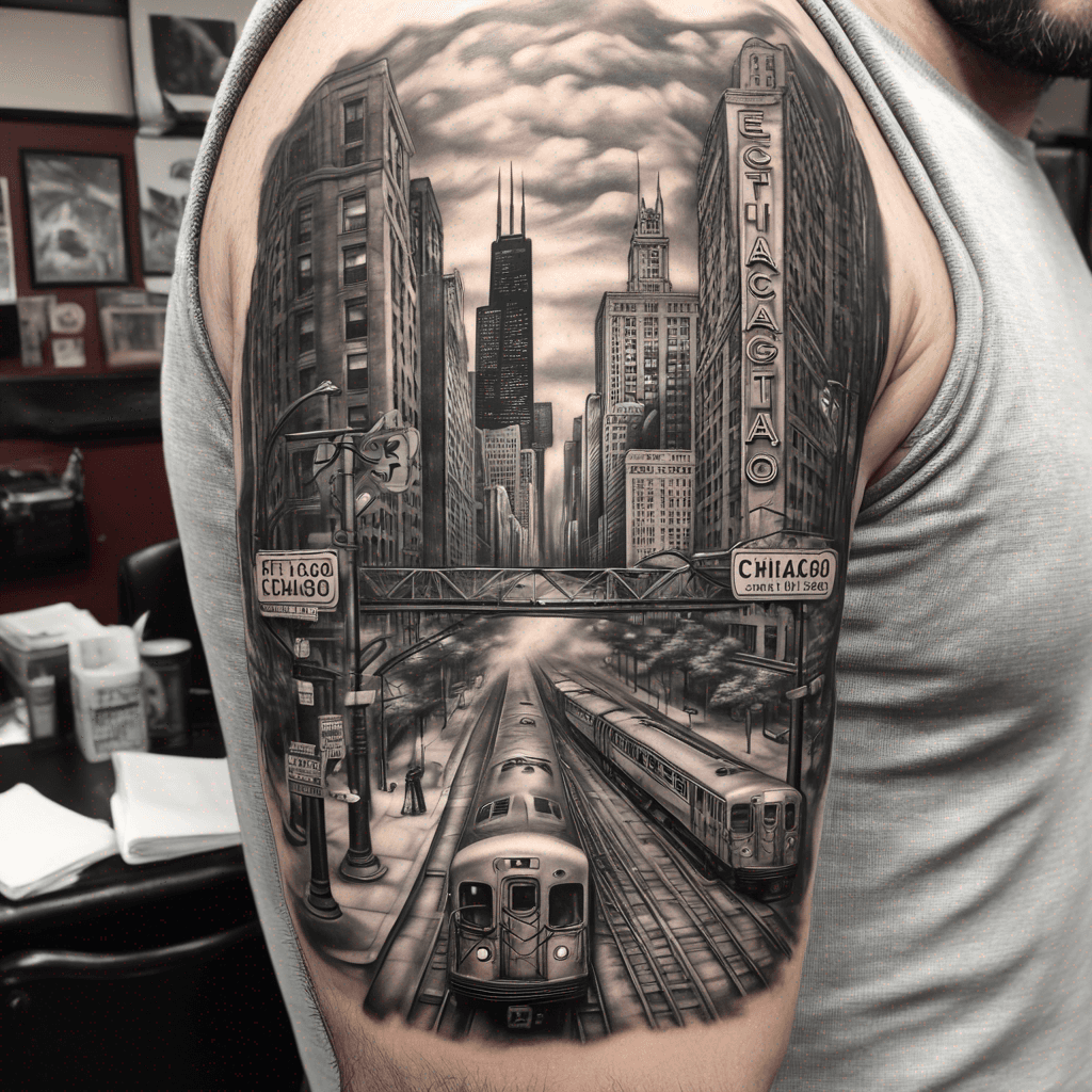 Chicago tattoo with the El train and two street signs.