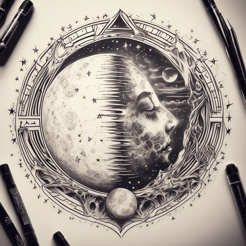 Design a tattoo based on the following lyrics: "and if the band youre in starts playing a different tune I'll meet you on the dark side of the moon". Add the phases of the moon and the quote "I'll see you on thr dark side of the moon"