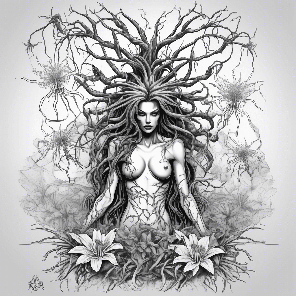 The poison tree surrounded by a field spider lily and medusa standing in the background