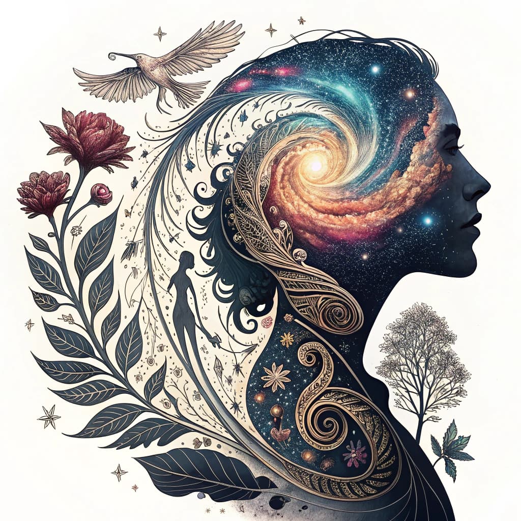A swirling galaxy with dreamlike shapes emerging, blending human silhouettes and abstract creatures that flow into each other.