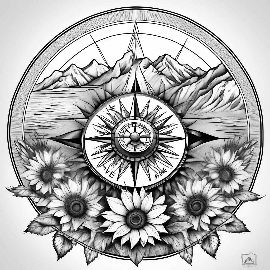compass rose with lake and mountains and sunflower