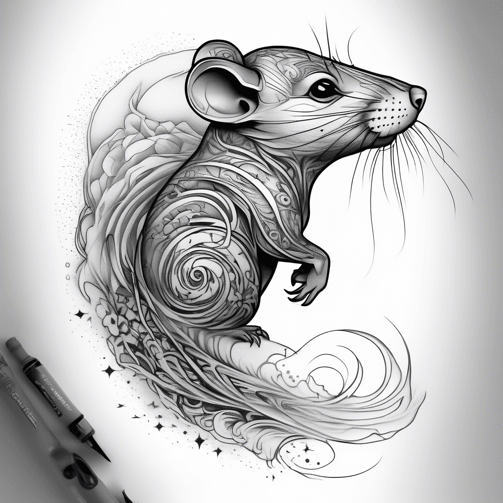 tattoo on upper arm, Full-body side view of a powerful ethereal rat, top half detailed with celestial patterns, bottom half fading into an abstract wave patterned gradient.