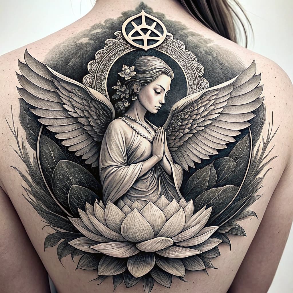 A delicate lotus intertwined with a wholeness symbol, cradling an ethereal angel with expressive wings and a serene, beautiful face.
