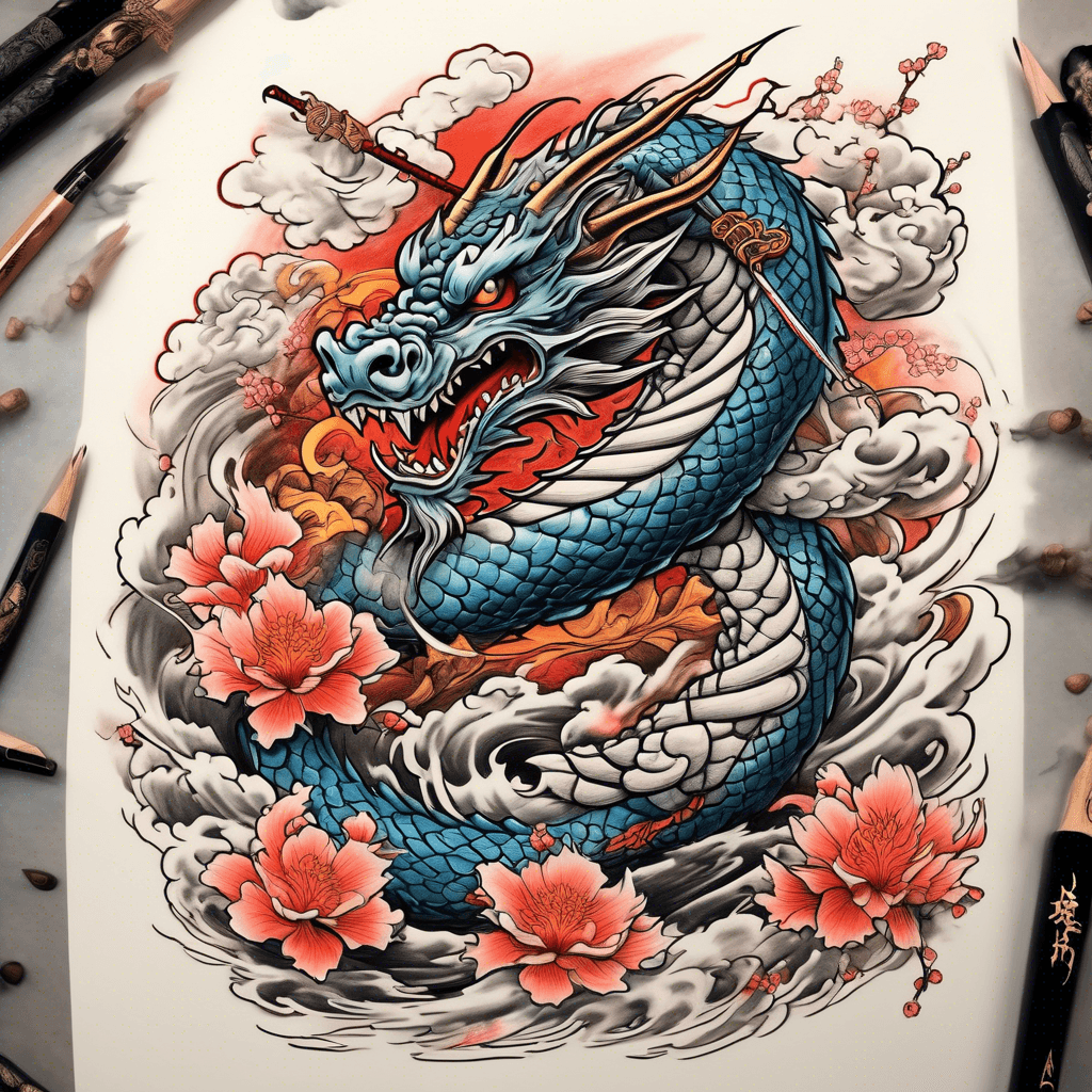 Dragon flying out of the clouds and around a katana